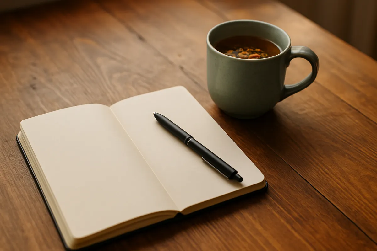 An open journal with a pen beside a cup of tea on a table in soft morning light