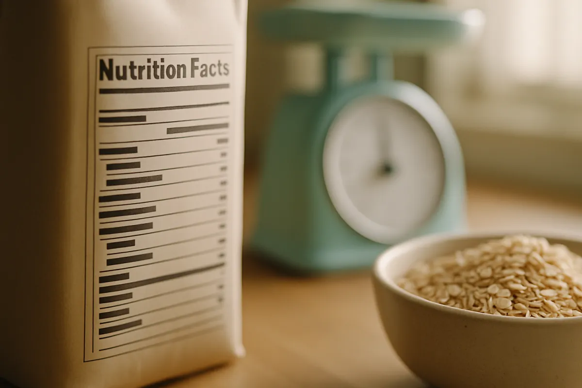 A nutrition food label beside a small kitchen scale and a bowl of oats