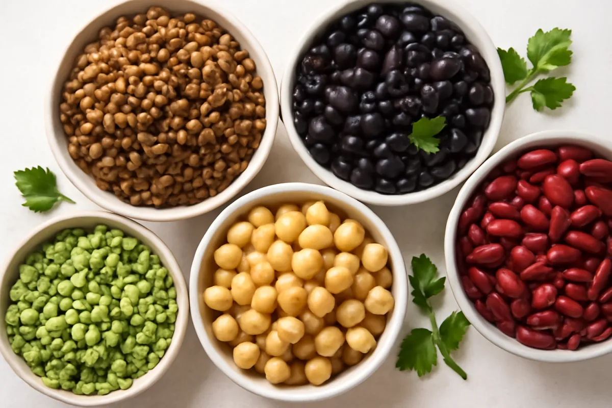 Bowls of cooked and dried legumes on a light surface: lentils, black beans, chickpeas, split peas, and kidney beans