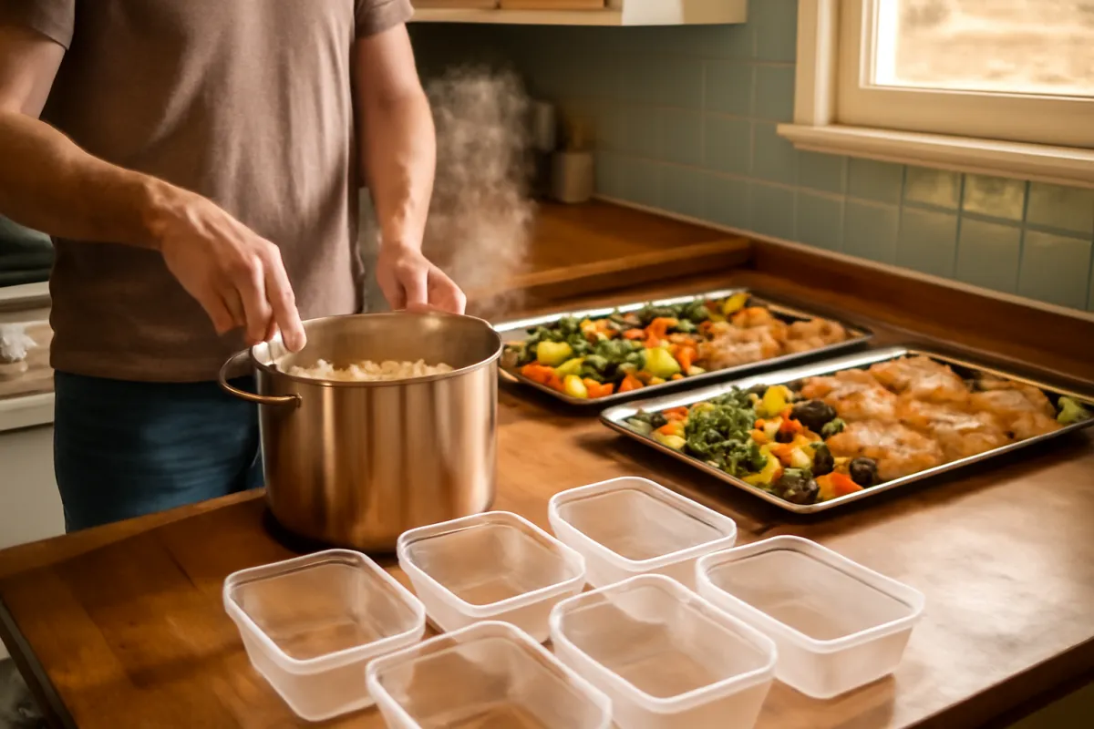 A person batch cooking in a home kitchen with sheet pans of roasted vegetables and chicken beside a large pot of cooked grains, steam rising, and empty meal-prep containers waiting on the counter