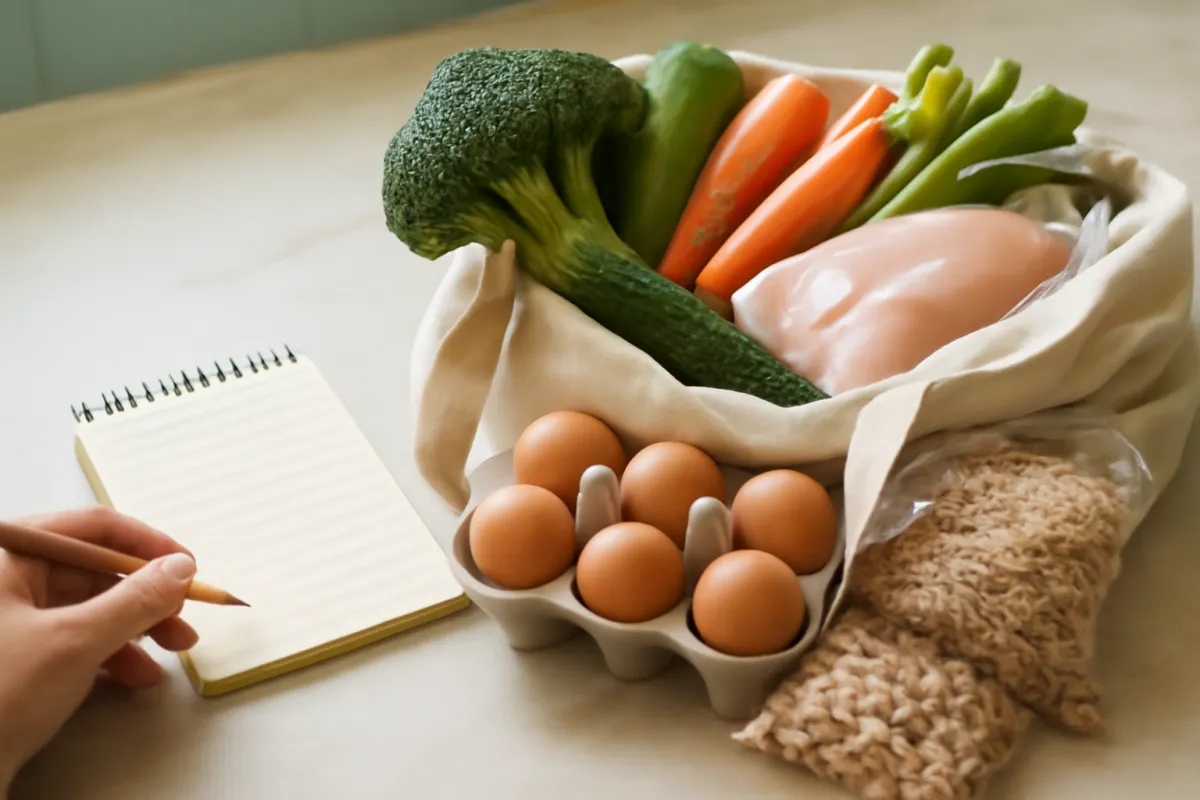 A blank notepad and pencil beside a reusable shopping bag holding fresh vegetables, a chicken breast, a tray of eggs, and a bag of grains on a light kitchen counter
