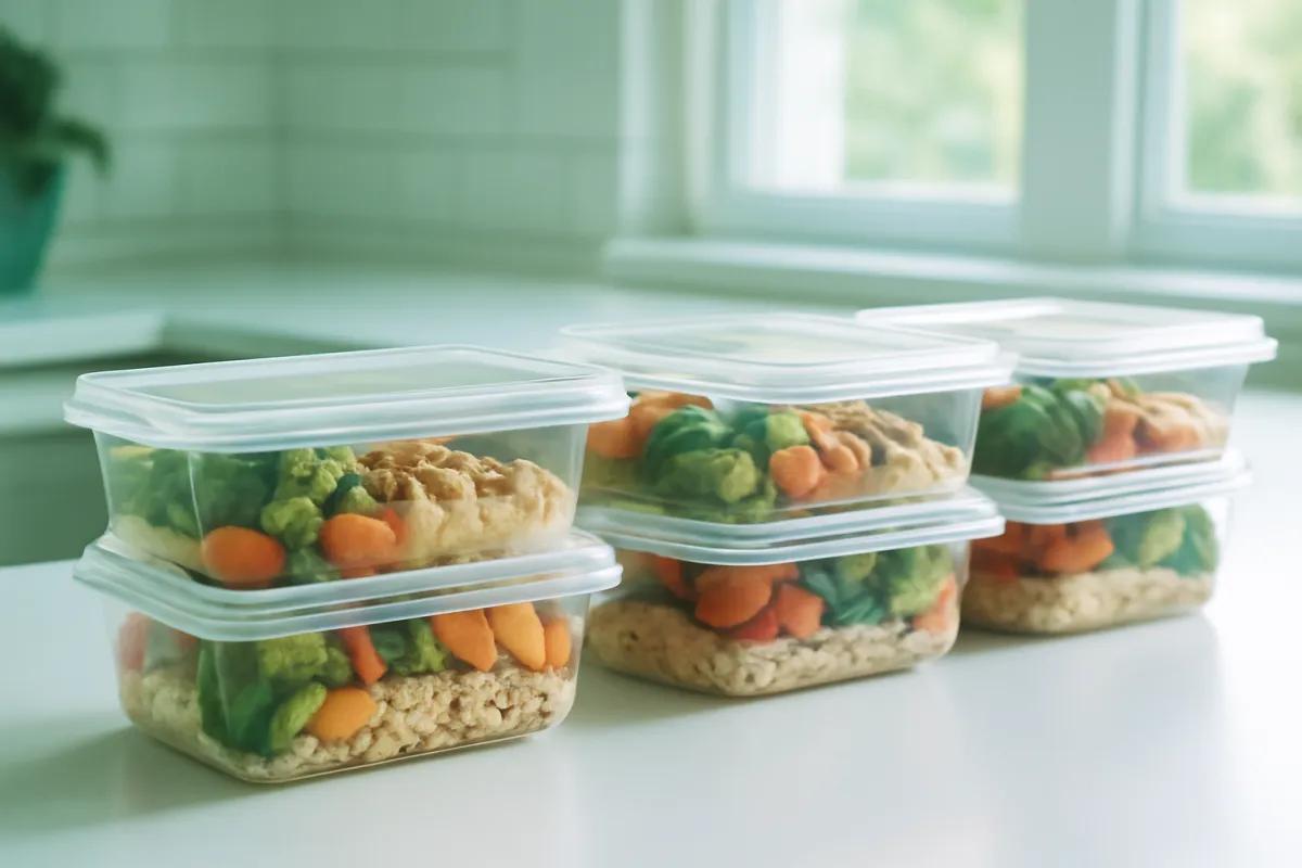 Stacked clear containers packed with portioned grains, vegetables and protein on a bright kitchen counter, ready for the week