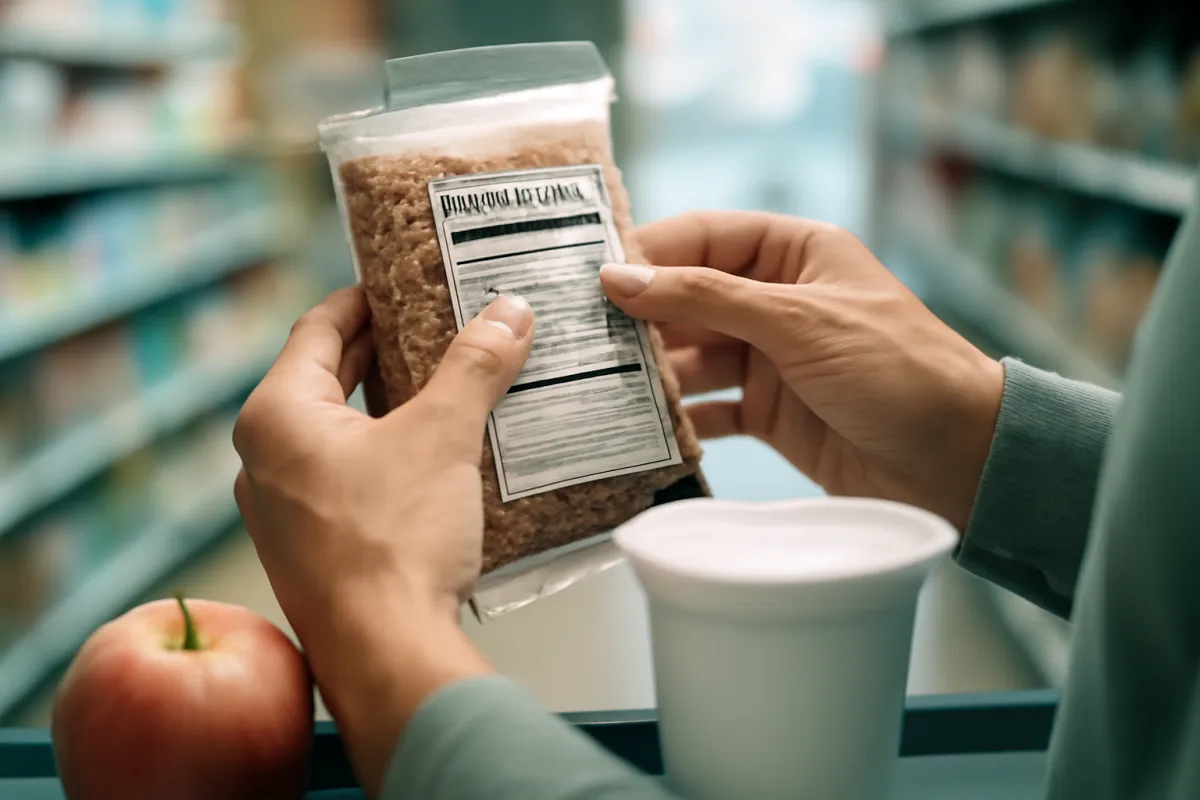 Close-up of hands holding a packaged food in a store aisle, turned to show its nutrition panel