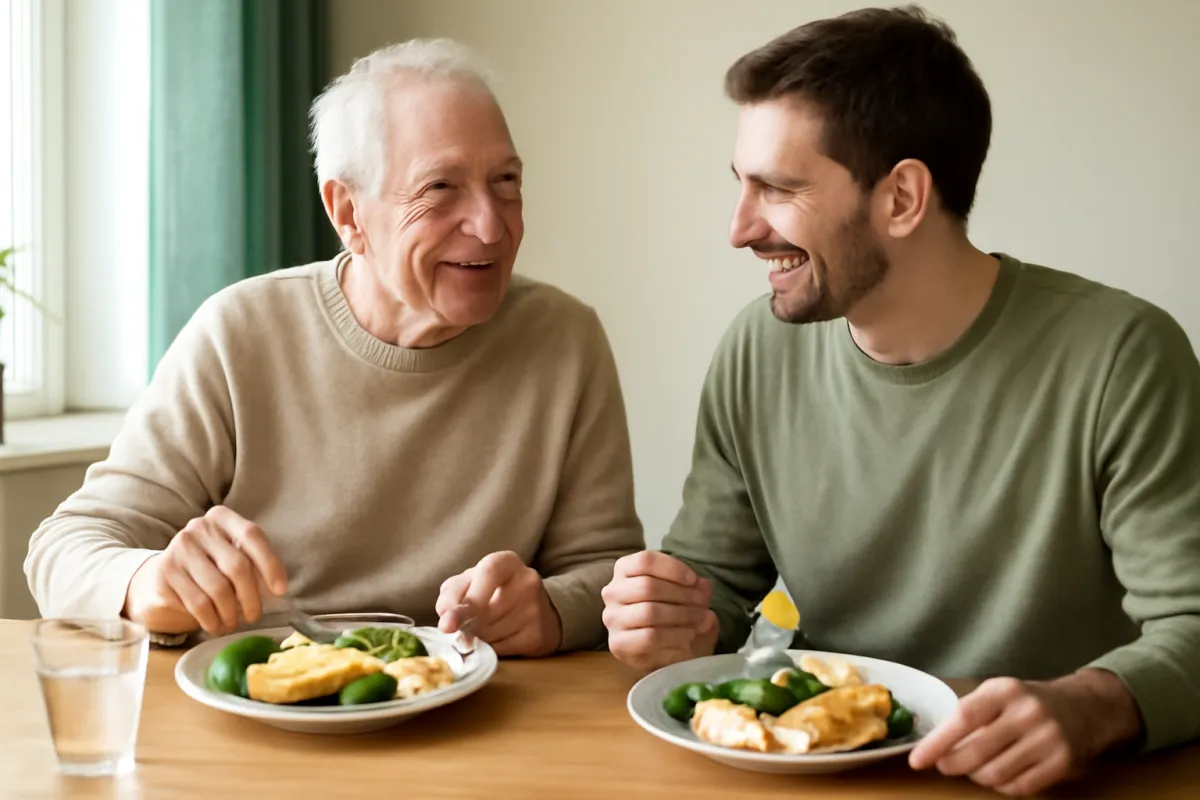 An older adult and a younger adult sharing a healthy protein-rich meal at a sunlit table