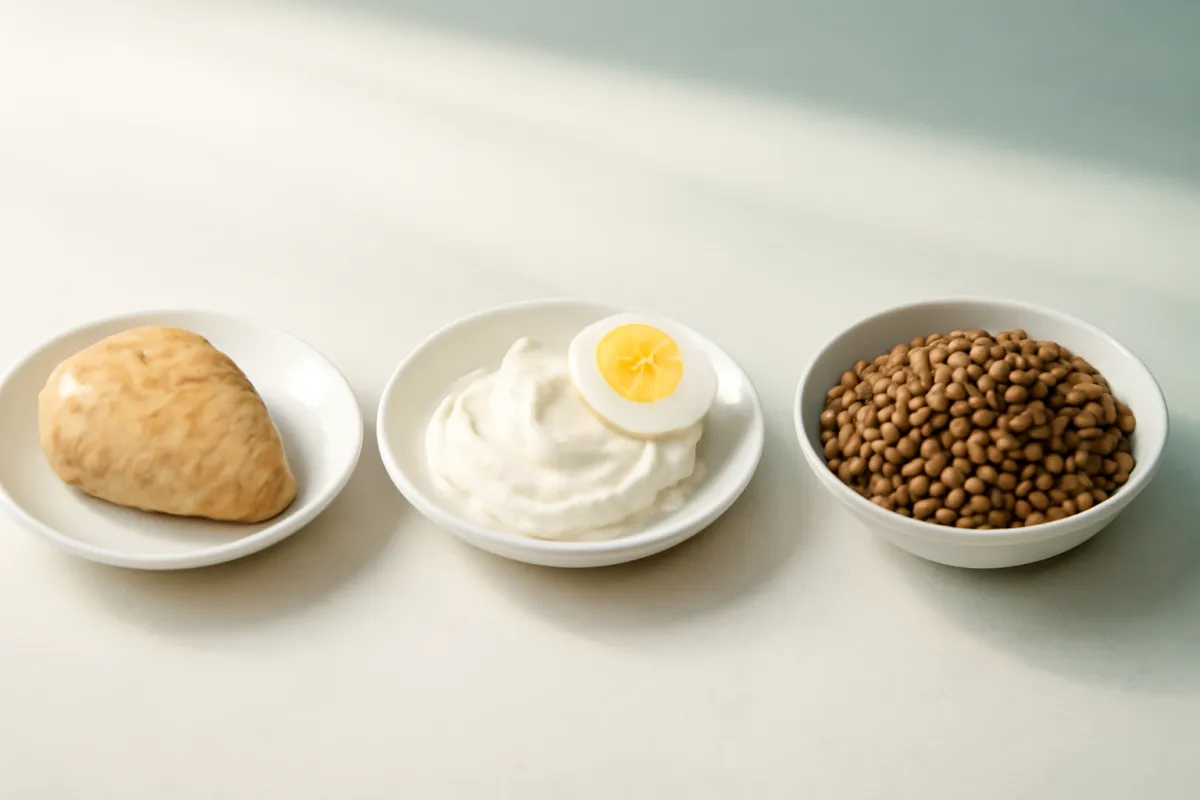 Three modest single-serving protein portions on small plates: chicken, yogurt with an egg, and lentils