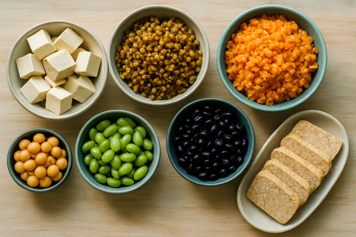 Bowls of plant proteins on a wooden surface: tofu, brown and red lentils, chickpeas, edamame, black beans, and tempeh