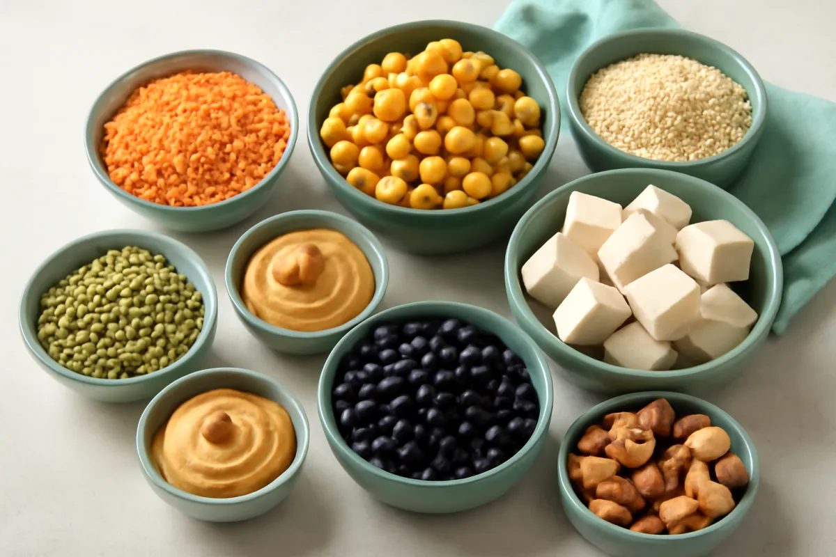 Bowls of plant proteins on a light surface: tofu, red and green lentils, chickpeas, black beans, peanut butter, seeds, and cashews