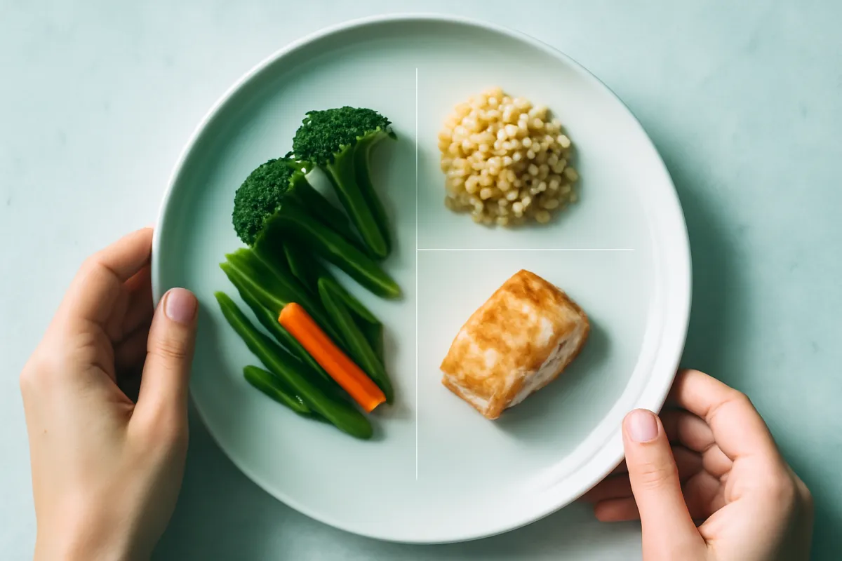 An overhead view of a white dinner plate marked with faint guide lines into one half and two quarters: vegetables across the half, a grain in one quarter and a protein in the other