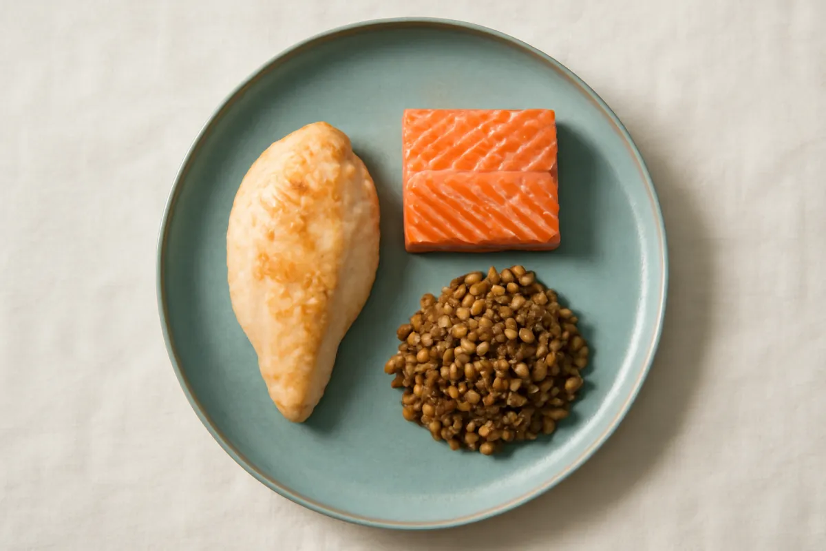 A plate of measured protein portions, chicken, salmon and lentils rather than snacks, but the point is the same: portion by eye and by hand