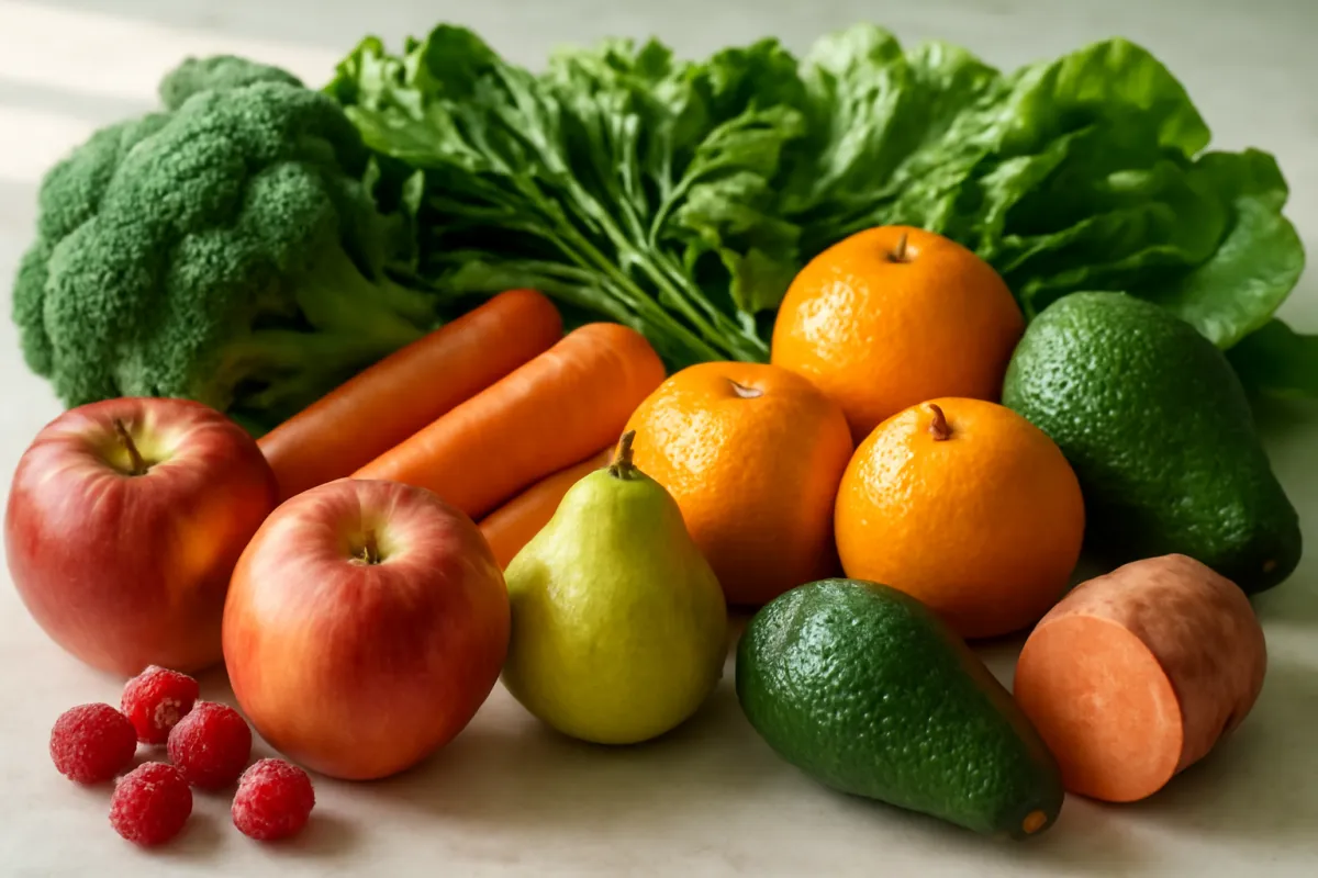 A close-up arrangement of fresh produce on a pale surface, with two red apples in front beside raspberries, a pear, oranges, avocados, carrots, broccoli, and leafy greens