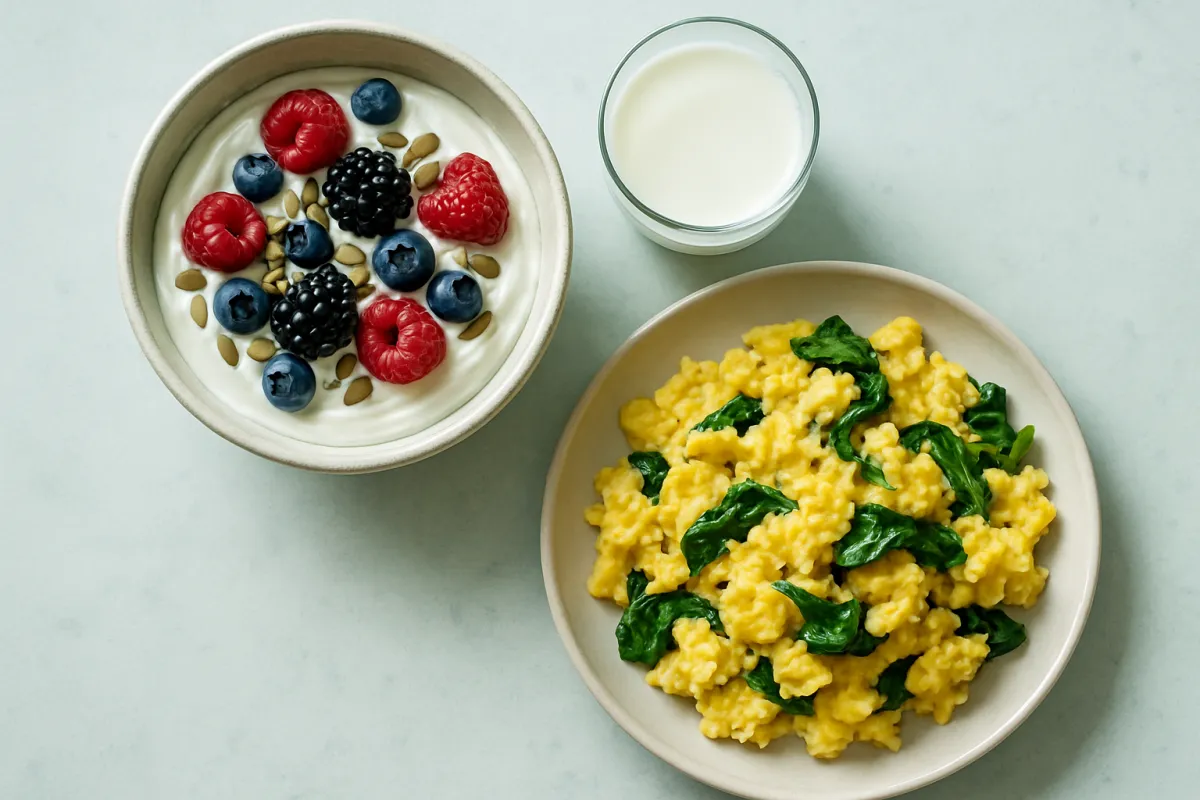 An overhead view of a high-protein breakfast on a light table: a bowl of plain Greek yogurt topped with berries and seeds, scrambled eggs with spinach, and a small glass of milk