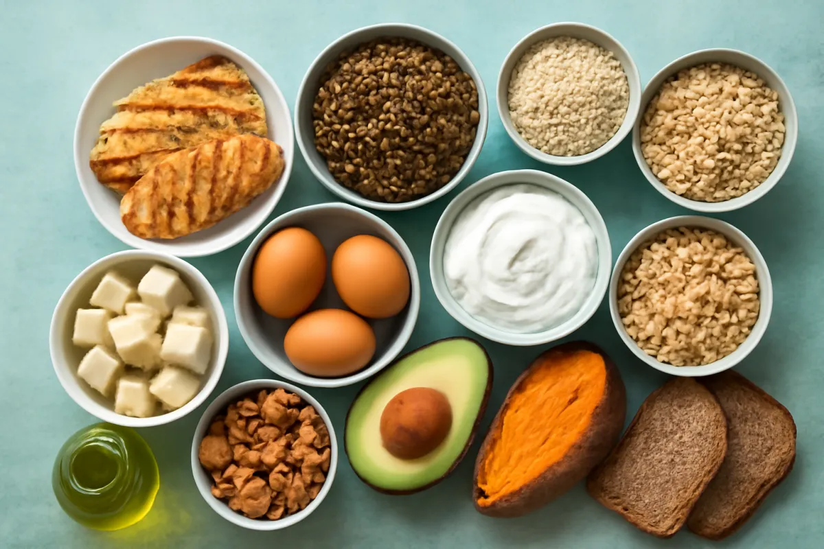 An overhead spread of protein and whole-grain options in small bowls, including grilled chicken, tofu, eggs, lentils and yogurt beside bowls of grains, whole grain bread and a baked sweet potato, with olive oil, avocado and walnuts to the side