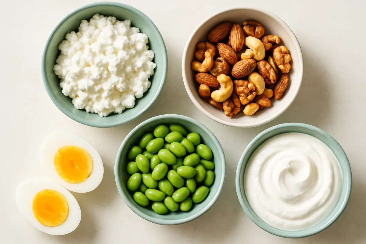 A selection of protein-rich snack foods including boiled eggs, cottage cheese, yogurt, edamame and mixed nuts on a light surface