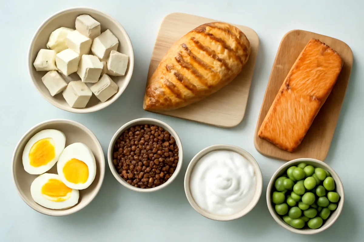 An assortment of protein foods on a light table: grilled chicken, salmon, boiled eggs, lentils, tofu, yogurt, and edamame