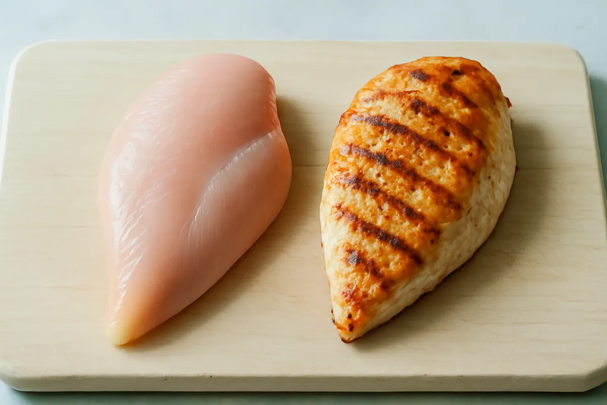 A raw chicken breast on the left and a golden cooked grilled chicken breast on the right, side by side on a light cutting board