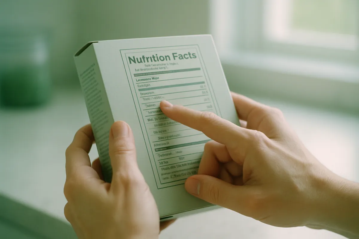A person reading the Nutrition Facts panel on a food package to check the protein and calories per serving