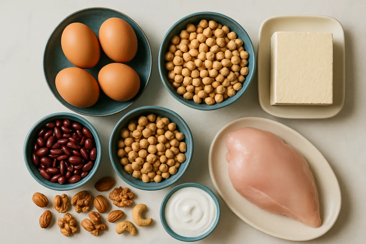Varied protein sources arranged neatly: eggs, beans, tofu, nuts, yogurt, and chicken