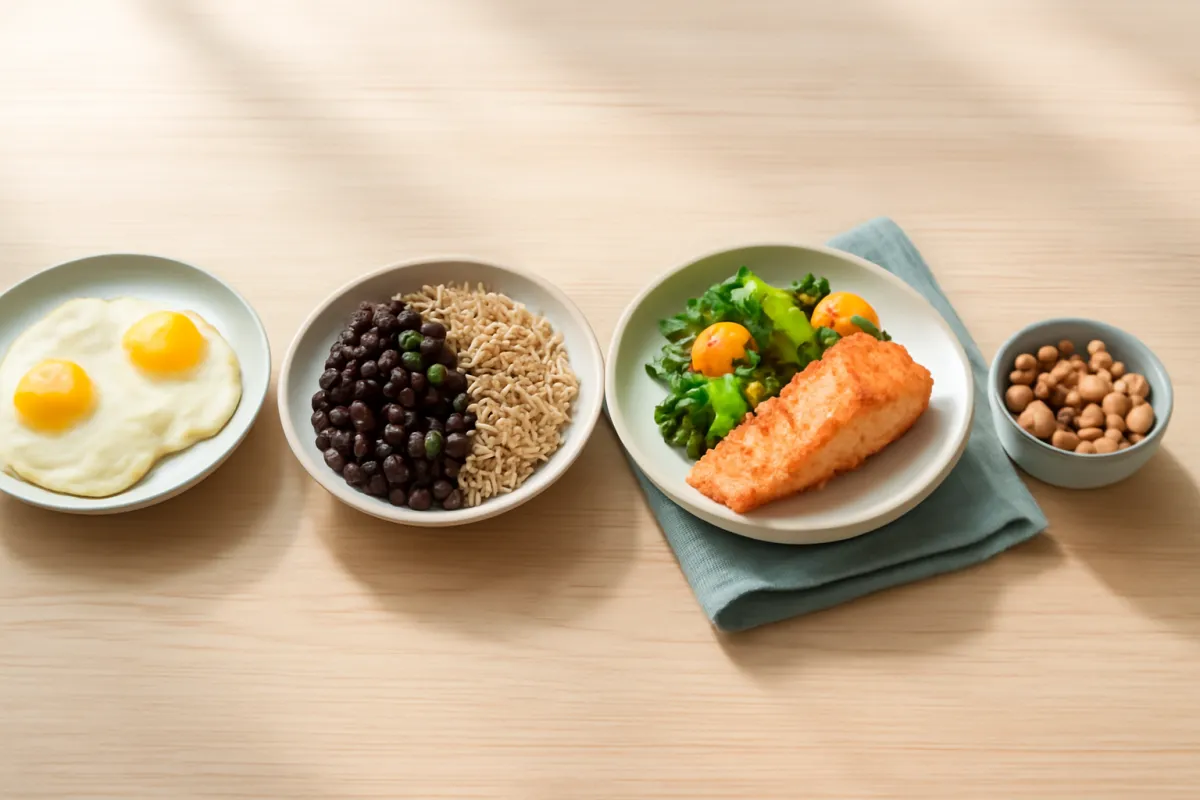 Several small protein-rich meals spread across a day: fried eggs, black beans with rice, fish with greens, and a bowl of chickpeas