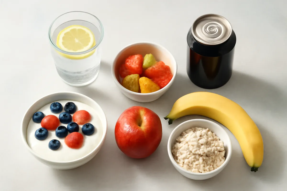 Everyday lighter choices on a counter: water with lemon, cut fruit, yogurt with berries, an apple, a bowl of oats, and a banana beside a canned drink