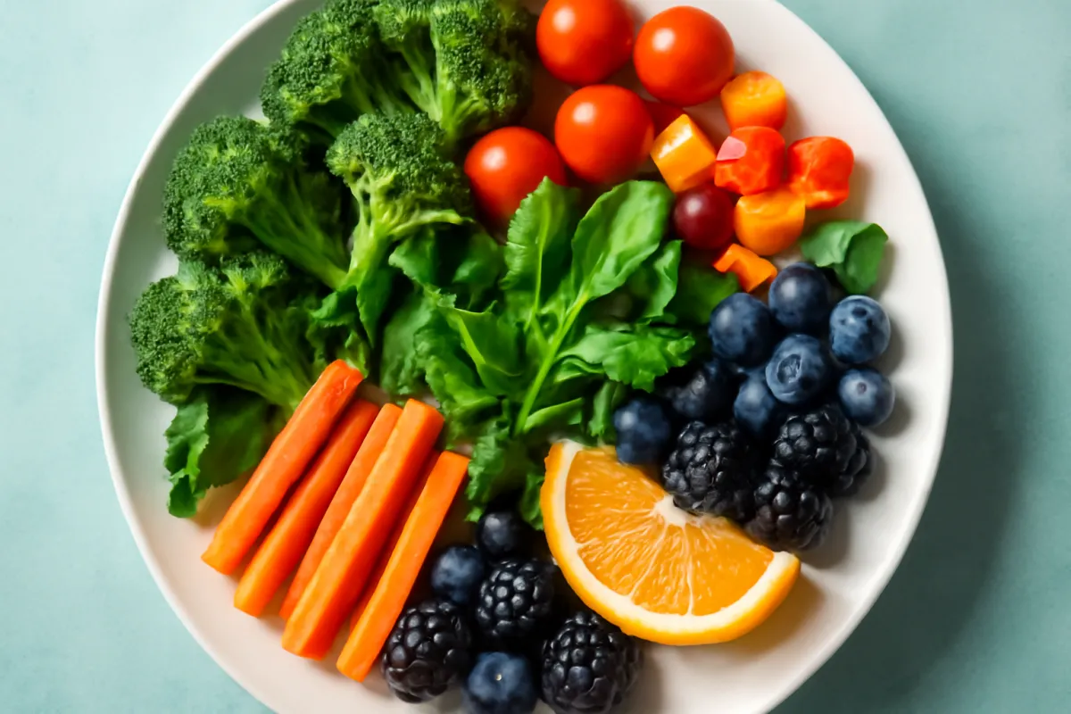 A plate filled largely with colorful raw vegetables, showing how much volume they add for very few calories
