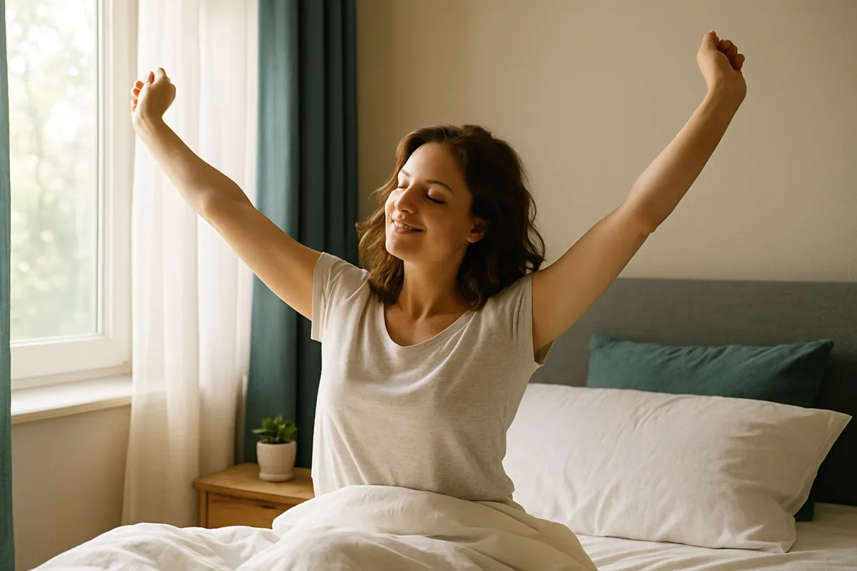 A person stretching by a bright window after waking, morning light filling the room