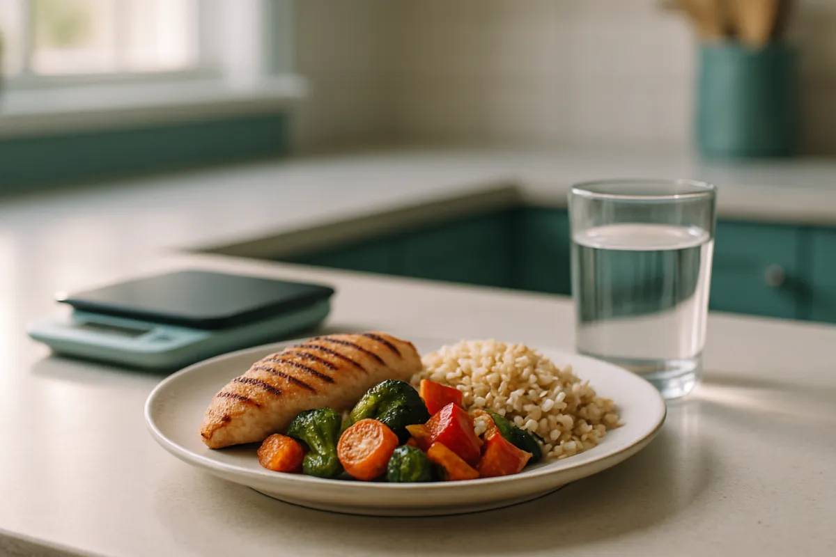 A plate of grilled poultry, mixed vegetables and grains on a kitchen counter beside a digital scale and a glass of water